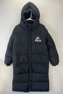 FILA Youth Girls Long Puffer Black Down Jacket Black Logo Size 165/5.4ft - Picture 1 of 14