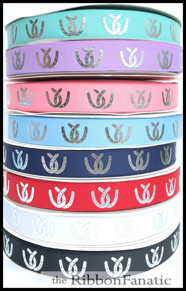 3yds 7/8" Silver Foil Horseshoes Equestrian Horse Shoe Show Bow Grosgrain Ribbon - Image 1 of 1