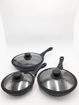 Set 3 Padelle Alte 11 PZ  Bavaria  Pietra Lavica Con Coperchi In Vetro Induzione - Immagine 1 di 4