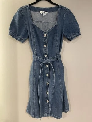 Miss Selfridge Puff Sleeve Blue Denim Button Up Mini Dress Women’s Size 6 - Image 1 of 4