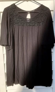 Blouse Woman’s Black Short Sleeve Sz L Lacy Trim Keyhole Back Button Closure - Picture 1 of 7