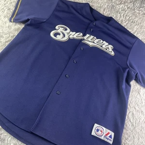 Milwaukee Brewers Jersey Mens Extra Large Blue Majestic Retro USA Made Y2K MLB - Picture 1 of 9