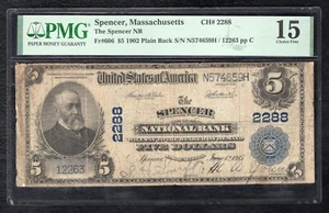 1902 $5 THE SPENCER NATIONAL BANK OF MASSACHUSETTS CH. #2288 PMG CHOICE FINE-15 - Picture 1 of 2