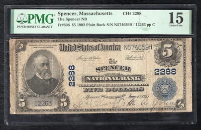 1902 $5 THE SPENCER NATIONAL BANK OF MASSACHUSETTS CH. #2288 PMG CHOICE FINE-15 - Image 1 of 2