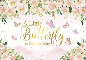 BABY SHOWER BUTTERFLIES ROSES FLOWERS GOLD CONFETTI PARTY BANNER BACKDROP - Picture 1 of 4