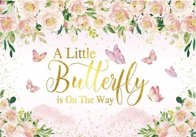 BABY SHOWER BUTTERFLIES ROSES FLOWERS GOLD CONFETTI PARTY BANNER BACKDROP - Image 1 of 3