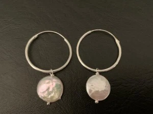 925 Sterling Silver Large Baroque Freshwater Pearl Sleeper Hoop Earrings Coin - Picture 1 of 3