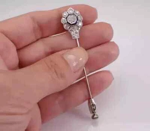 Art Deco Stick Brooch Pin 1.4Ct Round Lab Created Diamond 14K White Gold Plated - Picture 1 of 7