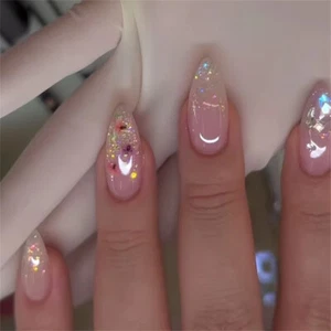 Short Almond Press-On Fake Nail Sweet Flowers French Sparkling Manicure 24pcs - Picture 1 of 7
