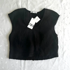NWT ZARA Scooped Neck 100% Linen Relaxed Top in Black Size S / Small - Picture 1 of 9