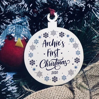 1st Christmas Baby Boy PERSONALISED Wood Bauble Tree Decor Family Gift - Image 1 of 4