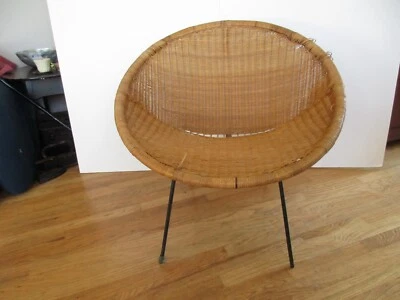 Vintage Mid Century Modern Wicker Rattan Iron Hoop Saucer Chairs - Image 1 of 4