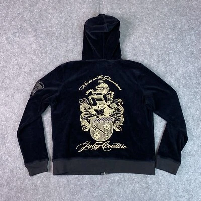 Vintage Y2K Juicy Couture Hoodie Womens Large Black Velour Sweater Full Zip - Image 1 of 4