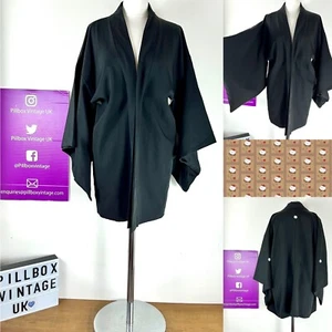 Vintage 70s Japanese Black Silk Blend Crepe Size S/M Kimono Haori Jacket - Picture 1 of 7