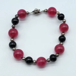 Pink Quartz Glass Beaded Bracelet Cute Simple Boho Silver Tone 6.5" - Picture 1 of 9
