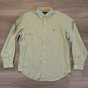Ralph Lauren 120's Poplin Button Down Shirt Mens Large Green Striped Casual - Picture 1 of 9
