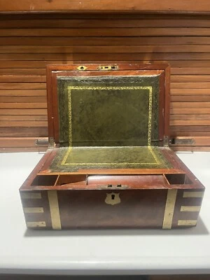 RARE Antique 1858 Engraved Wood with Metal Trim Traveler Campaign Writing Desk - Image 1 of 4