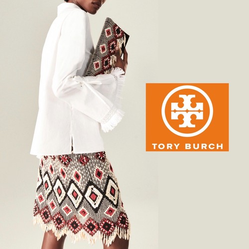 NUOVA camicetta da donna bianca Tory Burch Sophie taglia 0 cotone manica a frange a campana
