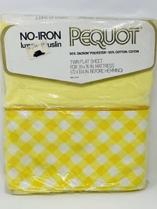Vtg PEQUOT Springs Mills No-Iron Muslin Yellow and White TWIN Flat Sheet NOS - Picture 1 of 2