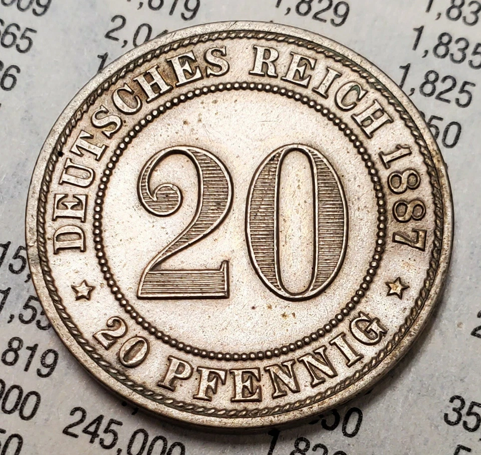 1887 F 20 Pfennig Bu German Empire Coin Lightly Toned - Image 1 of 2