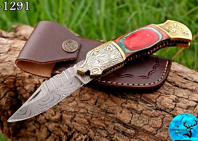 NAVAJA DE BOLSILLO HOJA PLEGABLE DE ACERO DAMASCO FORJADO HECHA A MANO PERSONALIZADA 1291 Foto 1 de 4