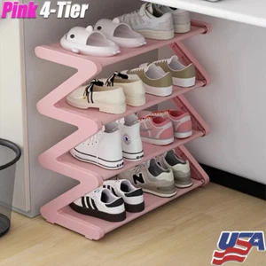 4-Tier Standing Shoe Rack Stackable Free Plastic Shoes Organizer Pink - Picture 1 of 6