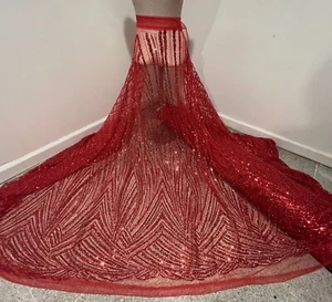 RED  heavy Beaded Sequin Embroidery Bridal Lace Fabric 50” Width 1 Yard - Picture 1 of 8