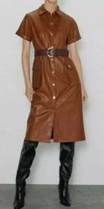 ❤Zara Faux Leather Brown Tan Design Belted Midi Bloggers Fave Dress UK M 10 - Picture 1 of 12