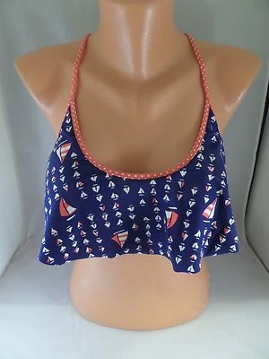 Nuevo con etiquetas Top de bikini Sperry Top-Sider Sail Away con volantes talla pequeña azul marino naranja Foto 1 de 4