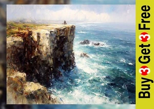 Seaside Clifftop View 5"x7" Print on Matte Paper | Powerful Coastal Oil Print - Picture 1 of 17