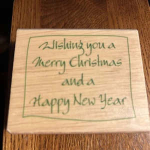 Wooden Rubber Stamp WISHING YOU A MERRY CHRISTMAS Modern Font - Picture 1 of 2