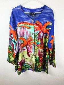 Carole Little Vintage Jacket Silk SZ16 Button Up Blue Orange Palm Trees Art A27 - Picture 1 of 8