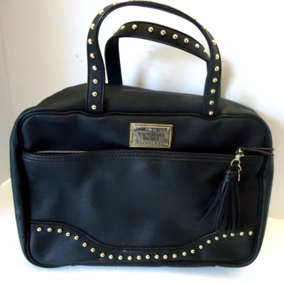 Bolso de cuero negro colgante cosmético maquillaje Victoria's Secret tamaño 10,5" x 7,5" Foto 1 de 4