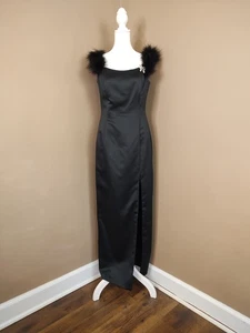 Evening Pencil Bodycon Gown Leg Slit Marabou Feathers Vintage 1980s Party Dress - Picture 1 of 13