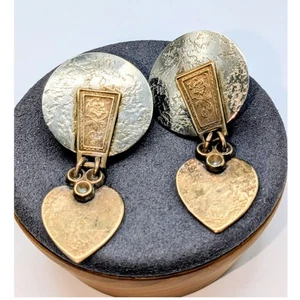 Signed Marjorie Baer SF Mixed Metal Industrial Modern Heart Dangle Clip Earrings - Picture 1 of 5
