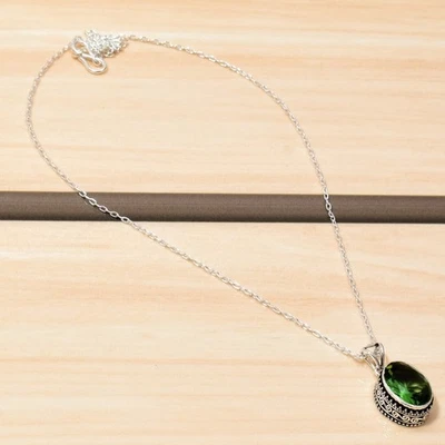 Chrome Diopside Gemstone Pendant Necklace 925 Sterling Silver Chain Jewelry - Image 1 of 4