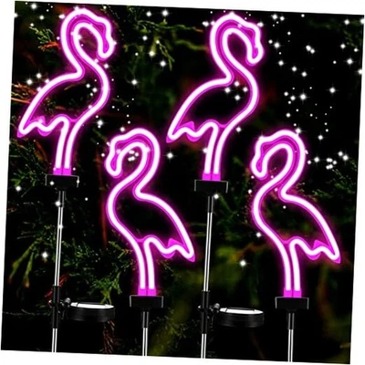 Flamingo Solar Lights Outdoor Neon Light Yard Pink Flamingo Waterproof 4 Pack