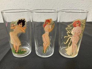 Vintage Pinup Girl Peek-A-Boo Nude Risque Novelty Drinking Glasses Set Of 3 - Picture 1 of 10