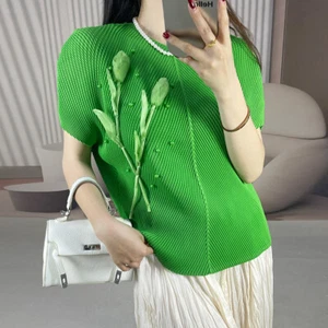 Pleated Short-sleeved T-shirt Women's New Design Flower Top Crew Neck Blouses - Picture 1 of 21