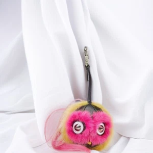 Authentic FENDI Bag Bugs Monster Fur Leather Bag Charm Keychain Keyring Pom Pom - Picture 1 of 5