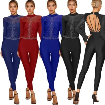 Damen Ganzkörperanzug Ganzkörper Langarm Tanzkleidung Glitzer Overall Catsuit - Bild 1 von 4
