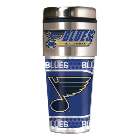 ST. LOUIS BLUES 16 OZ STAINLESS STEEL COFFEE TRAVEL MUG WITH 3D METAL EMBLEM Cover