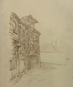 Turkish Artist Fikri Göksoy-Izmir ink drawing Old Downtown Istanbul c 1920 - Picture 1 of 9
