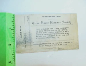 Terre Haute Humane Society Vigo County IN Indiana VINTAGE Mitgliederkarte 1950er Ära - Bild 1 von 10