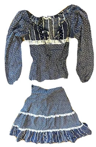 1970s Leo New York Prairie Dress 2 Pc Skirt Blouse Tiered Cottage Pastoral S 30” - Picture 1 of 6