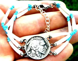 Pulsera Buena Suerte Dentalium Shell 1936 Auténtica Moneda Búfalo Indio Níquel - Imagen 1 de 6