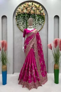 Sari de seda satinado estilo indio japonés con blusa para boda y uso funcional - Imagen 1 de 10