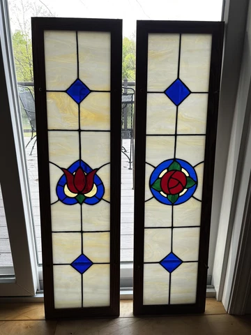 Pair Of Custom Oak Framed Stained Glass Window Sidelights 38 X 10 P/U Chelsea MI Cover