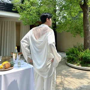 Hot Mens Mesh Pearl Netting Sheer Long-Sleeved Shirt Formal Party Events Tops - Picture 1 of 12