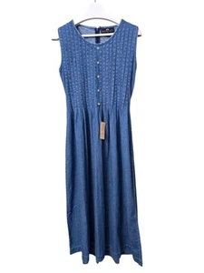 Vintage britisch khaki plissiert Denim Maxi Jeanskleid 8 blau Boho Landhaus Prärie - Bild 1 von 16